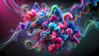 Neon-colored smoke trails blend chaotically yet harmoniously, forming abstract shapes in the air, creating a vibrant background and wallpaper