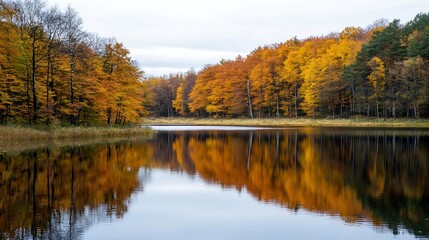 Obraz premium Gorgeous autumn landscape reflecting vibrant golden and orange foliage in calm lake surrounded by peaceful woods : Generative AI