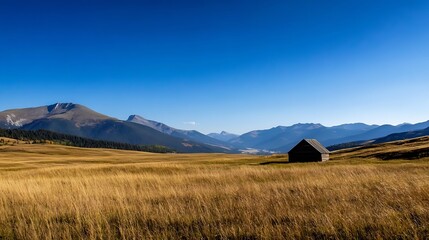 Fototapeta premium Abandoned Wooden Cabin in the Field Surrounded by Mountains Under a Bright Blue Sky : Generative AI