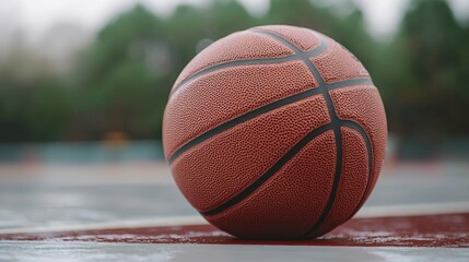 Basketball resting on the court at a local outdoor facility during a cloudy afternoon