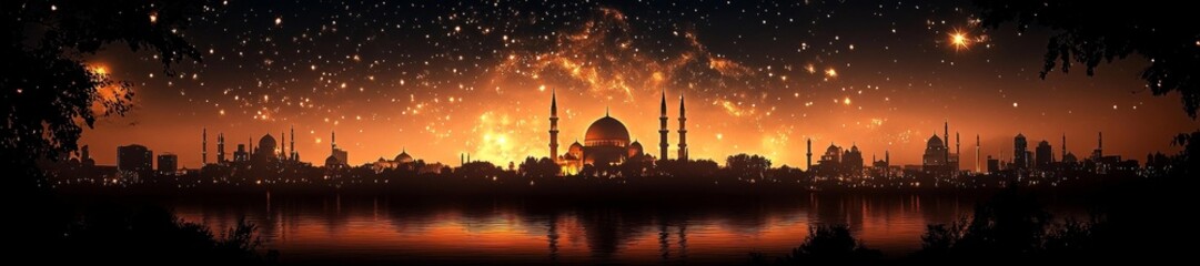 Fototapeta premium Golden Mosque Silhouette Framed by the Stars in the Night Sky. Generative AI