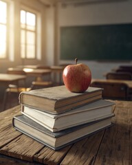 Back to school preparation with books and an apple on a wooden desk