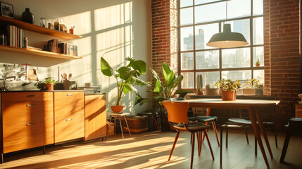 Fototapeta premium cozy, sunlit living space featuring wooden furniture, plants, and large windows. warm atmosphere invites relaxation and comfort