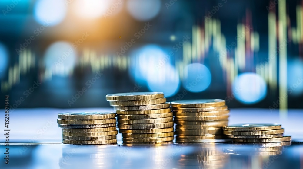 Aufkleber stacks of gold coins on a reflective surface with financial graphs indicating economic growth potent