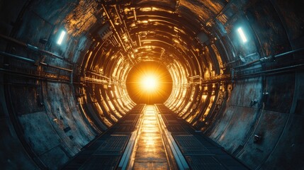 Futuristic tunnel walkway, light at end, industrial space, background, interior
