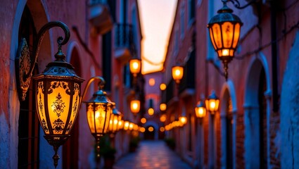 Ornamental lanterns brighten venetian alleyway at sunset