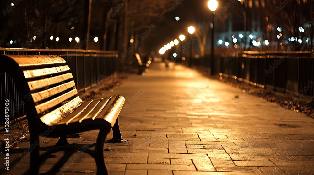 Aufkleber empty park pathway with bench illuminated by warm street lights at night : generative ai