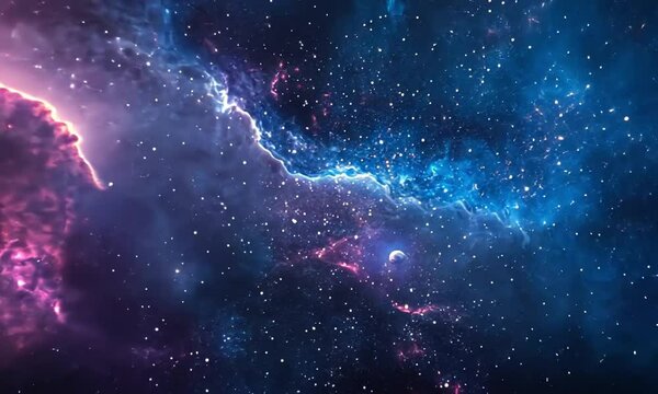 Slow-moving video of spacecraft exploring Small Magellanic Cloud with celestial scenes unfolding