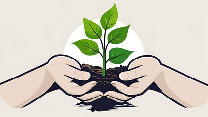 Human hands holding a young plant on white background outline illustration/ Ecology, agriculture, Environment Earth Day concept abstract image