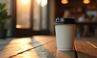 Warm Sunset Glow Over Cozy Coffee Cup in Bright Cafe Environment