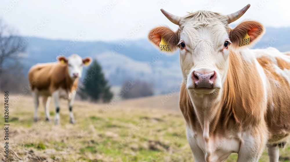 Poster curious brown and white cow looking directly into the camera in lush green farm field : generative a