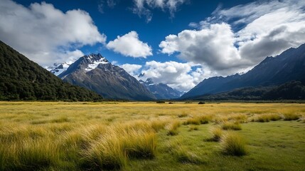 Stunning mountain view with expansive grassland under a bright blue sky : Generative AI