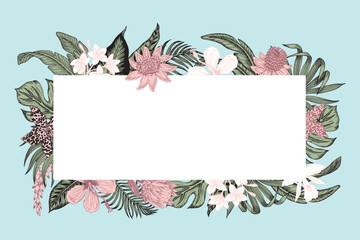 Tropical palm leaves, hibiscus flower graphic botanical frame. Exotic jungle banner.