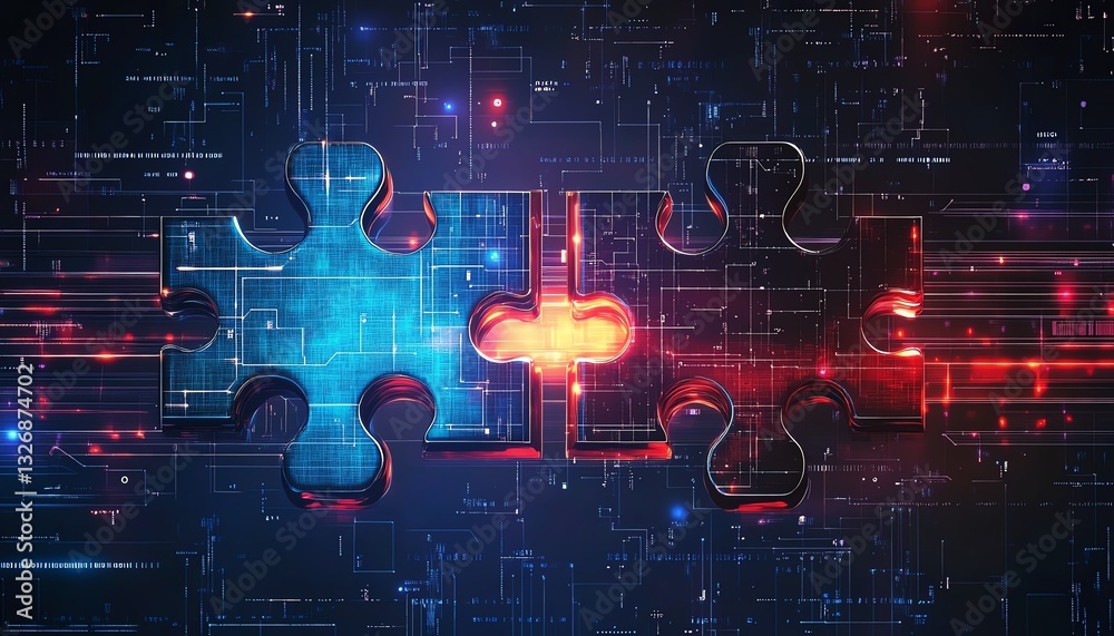 Poster digital concept of ai integration, featuring two interlocking puzzle pieces on a futuristic techinsp