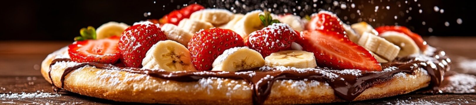 A fresh dessert pizza with Nutella strawberries bananas and powdered sugar dust. Generative AI