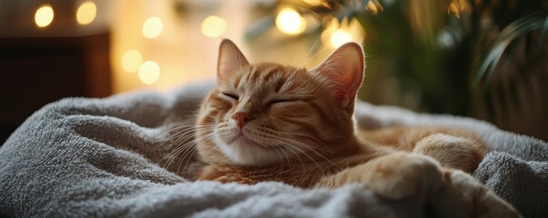 Relaxed Cat Enjoying Gentle Grooming Experience with Soft Lighting and Warm Towels