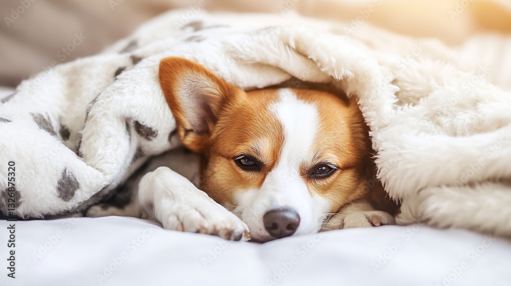 Poster a cozy corgi dog wrapped in a soft blanket resting comfortably in a bright and warm environment : ge