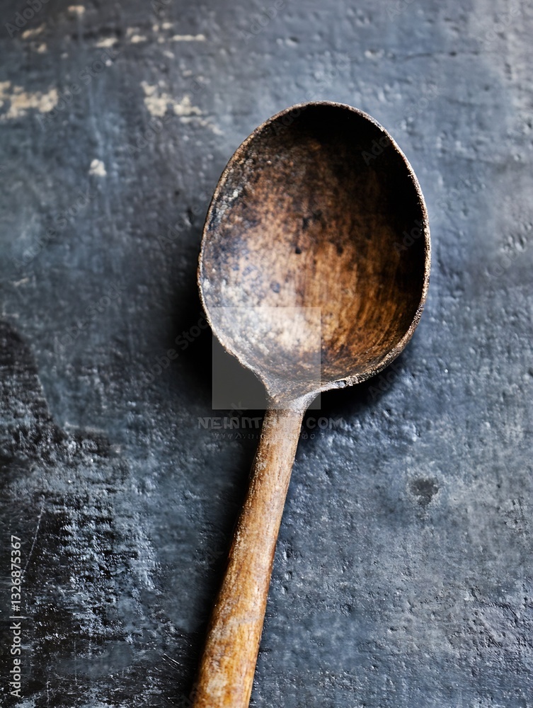 Poster close up view of a beautiful handcrafted wooden spoon on a rustic surface : generative ai
