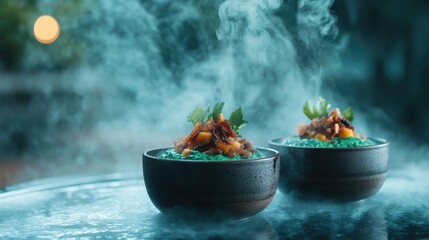 A pair of elegant bowls filled with visually striking dishes, surrounded by enticing smoke, creating an atmosphere of mystery and sophistication around the culinary experience.