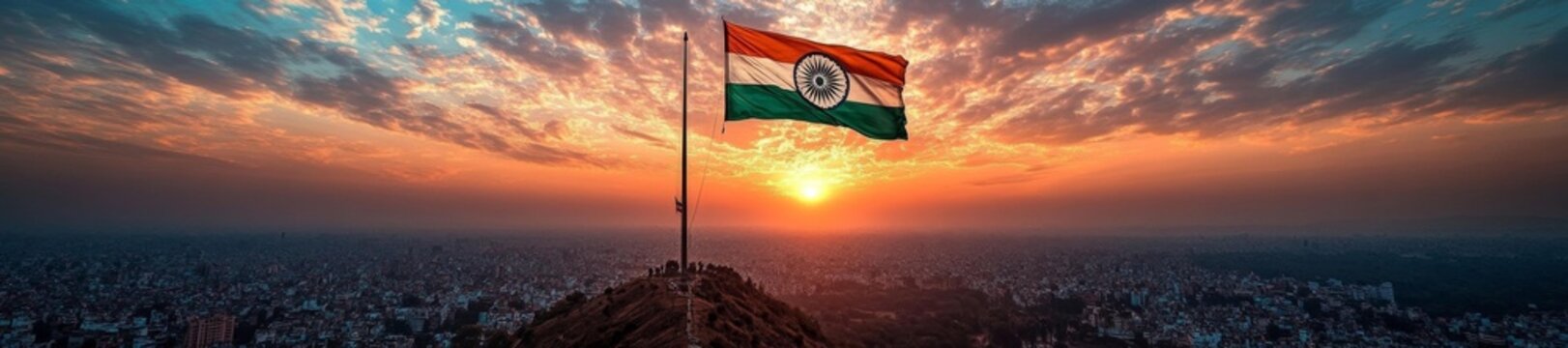 Indian Flag on a Mountain with Sunset Over the Cityscape. Generative AI