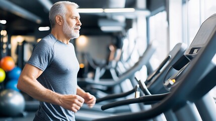 Senior man jogging on a treadmill in a modern gym with natural light filtering through large windows : Generative AI