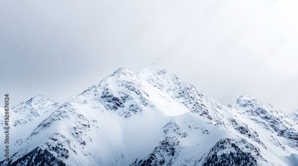 Poster dramatic snowy mountain peaks touching the clouds under a cloudy sky creating a serene landscape : g