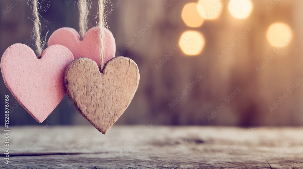 Poster charming wooden hearts hanging gracefully with bokeh lights in a soft glowing background : generativ