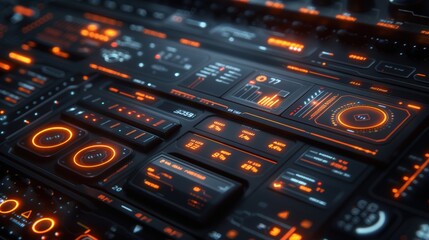 Futuristic Digital Interface With Illuminated Orange and Black HUD Elements