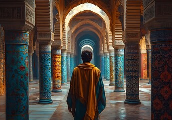 Naklejka premium Person in a Colorful Cloak Walking Through an Ornate Corridor