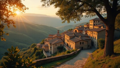 Naklejka premium Cinematic view of a quaint Italian village at sunset in the countryside overlooking rolling hills