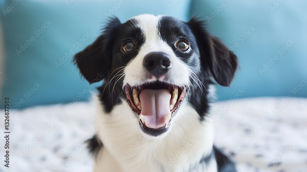 Aufkleber happy and playful black and white dog smiling brightly in a cozy indoor setting : generative ai