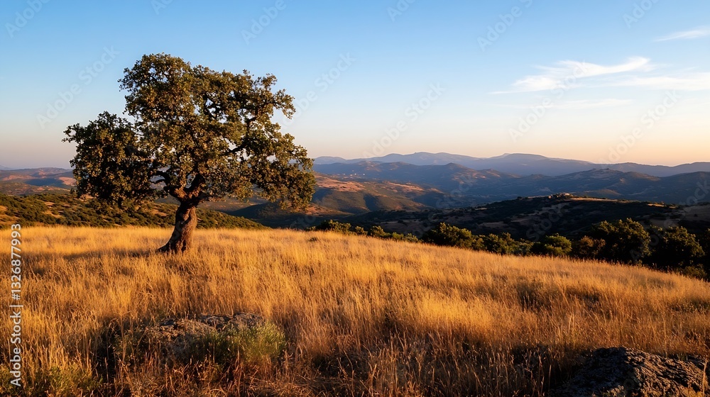 Poster serene landscape featuring an ancient oak tree surrounded by rolling hills and golden grass at sunse