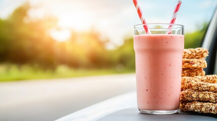 A delicious strawberry smoothie served with granola bars on a car dashboard, perfect for enjoying nature or a sunny day while snacking on nutritious treats.