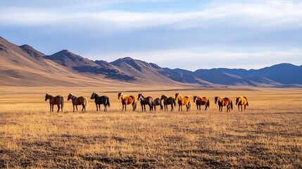 A herd of wild horses gracefully roaming across a vast golden plain with majestic mountains in the distance : Generative AI