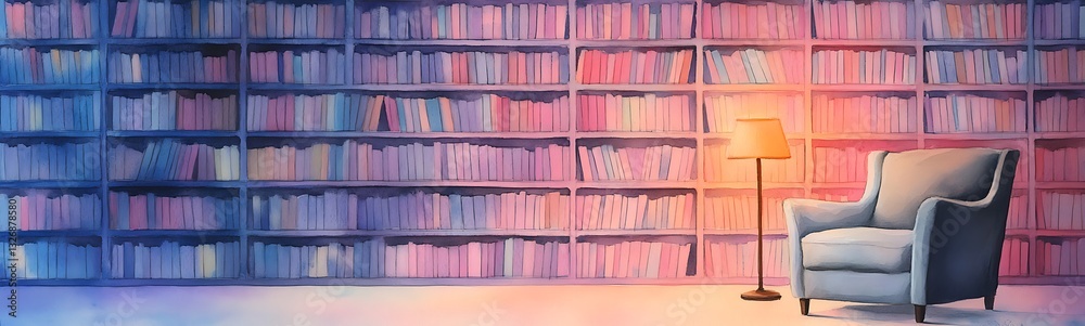 Poster cozy reading nook with a stylish chair and illuminated bookshelf backdrop.