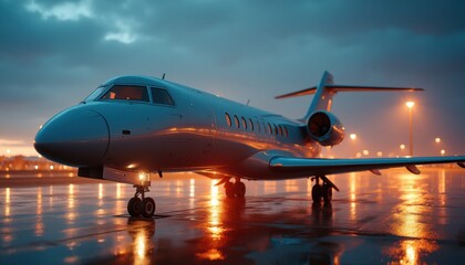 Sleek modern jet taxiing at twilight under a moody sky at an airport