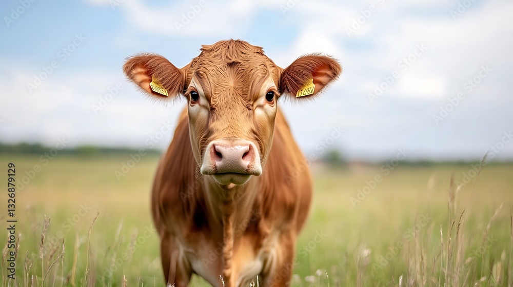 Poster curious brown cow standing in a green field looking at the camera with a charming gaze : generative 