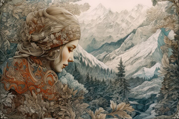 a girl in a traditional folk headdress and clothes with ornaments made in warm terracotta shades.  