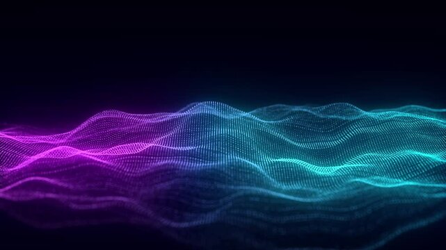 Dynamic blue wave of particles and lines. Abstract futuristic background. Big data visualization. 3D rendering.