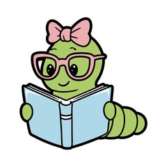 Cute Bookworm Reading a Book Cartoon Illustration