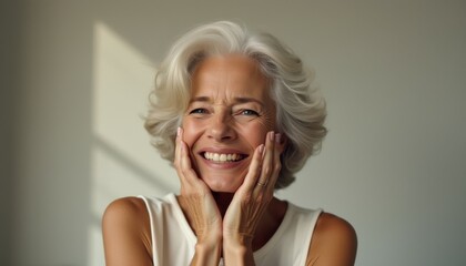 Elegant woman smiling warmly, showcasing natural beauty indoors during soft afternoon light