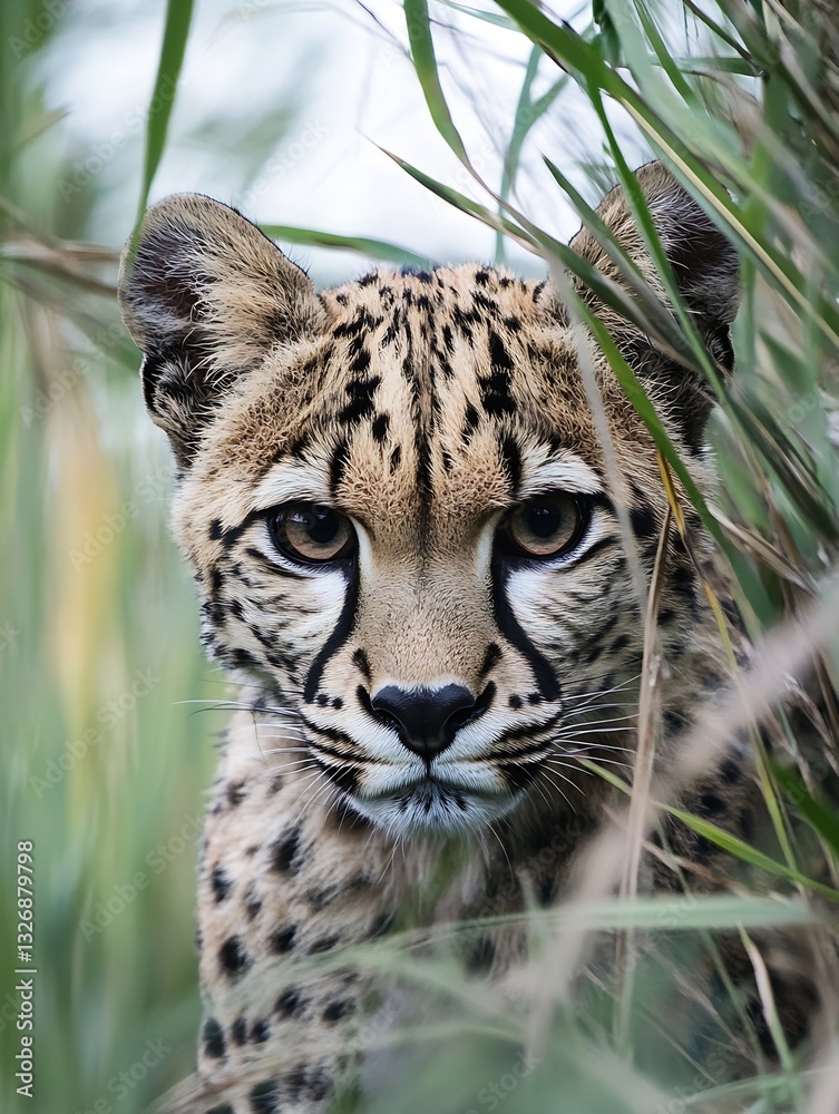 Poster closeup view of a striking leopard face peering through lush green grass in its natural habitat : ge