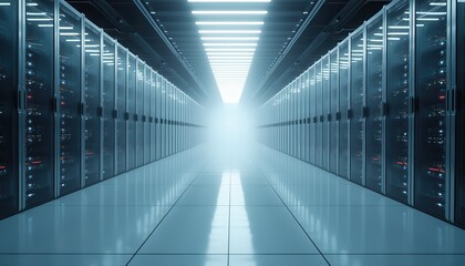 Obraz premium Vast ultra modern data center with rows of servers and glowing lights creating an ethereal atmosphere