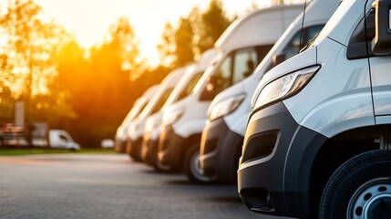 Fleet of delivery vans parked in a row during sunset highlighting logistics and transportation industry efficiency : Generative AI