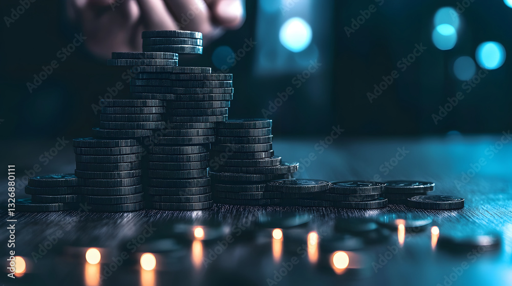 Poster A hand is stacking coins into a pyramid formation on a dark surface, illuminated by soft candlelight, creating a moody financial scene