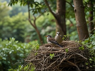 Two Fledgling Birds Nestled Together In A Rustic Nest, A Tender Moment Of Family Amidst The Serene Backdrop Of A Lush Green Forest With Soft Light Filtering Through The Leaves