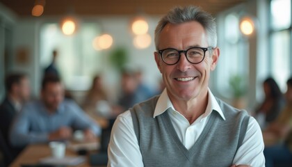 Fototapeta premium Cinematic shot of a distinguished man smiling confidently in a modern workspace during daytime