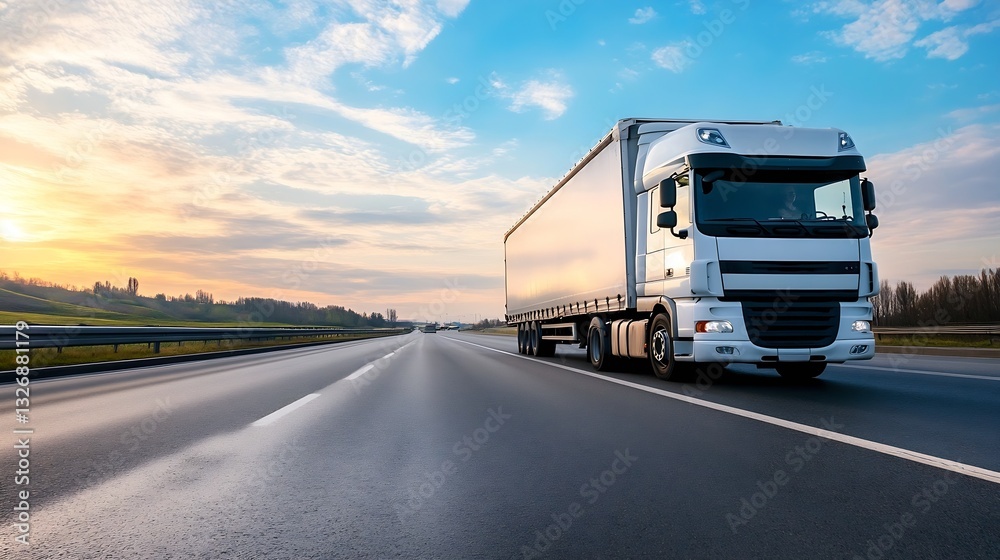 Poster massive heavy duty truck driving on an empty highway with a scenic sunset in the background : genera