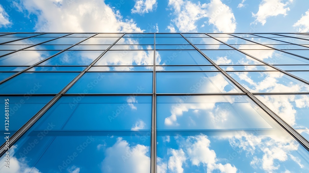 Poster modern glass building reflecting clouds in a clear blue sky with a vibrant atmosphere : generative a