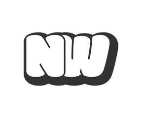 NW logo, bubble comic lettering, rounded in graffiti style black and white silhouette. Trendy preschool N and W letter text for festival party, personal initials, children funky print and web.